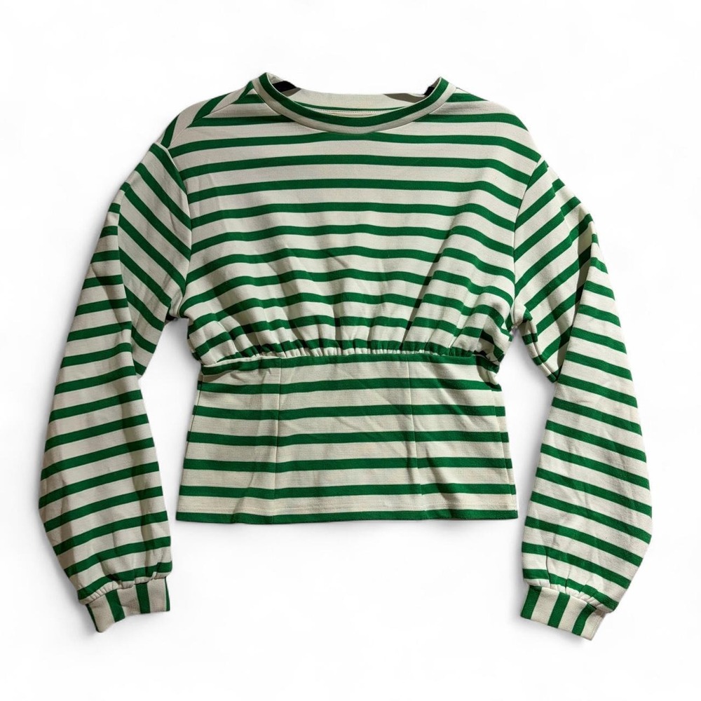 Anthropologie Maeve Green White Striped Long Sleeve Crop Top Smocked Back Small